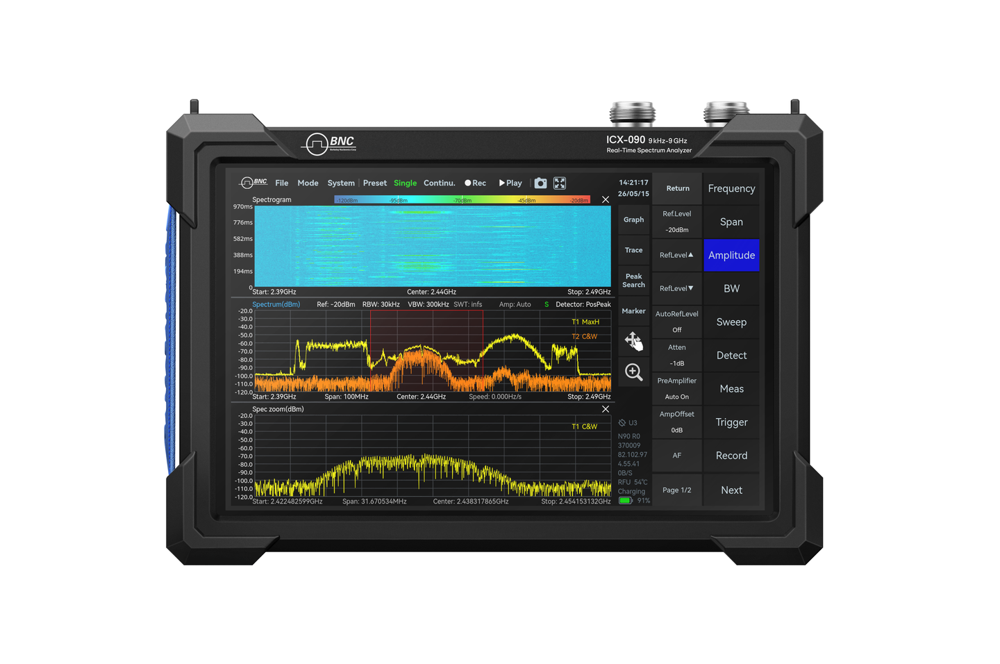Berkeley Nucleonics ICX-FieldHawk handheld real-time spectrum analyzer, front view